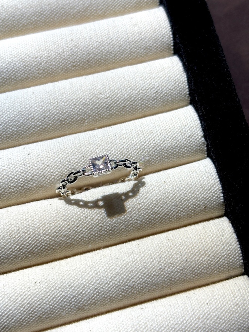 Delicate Silver Chain Ring with Square Clear Stone